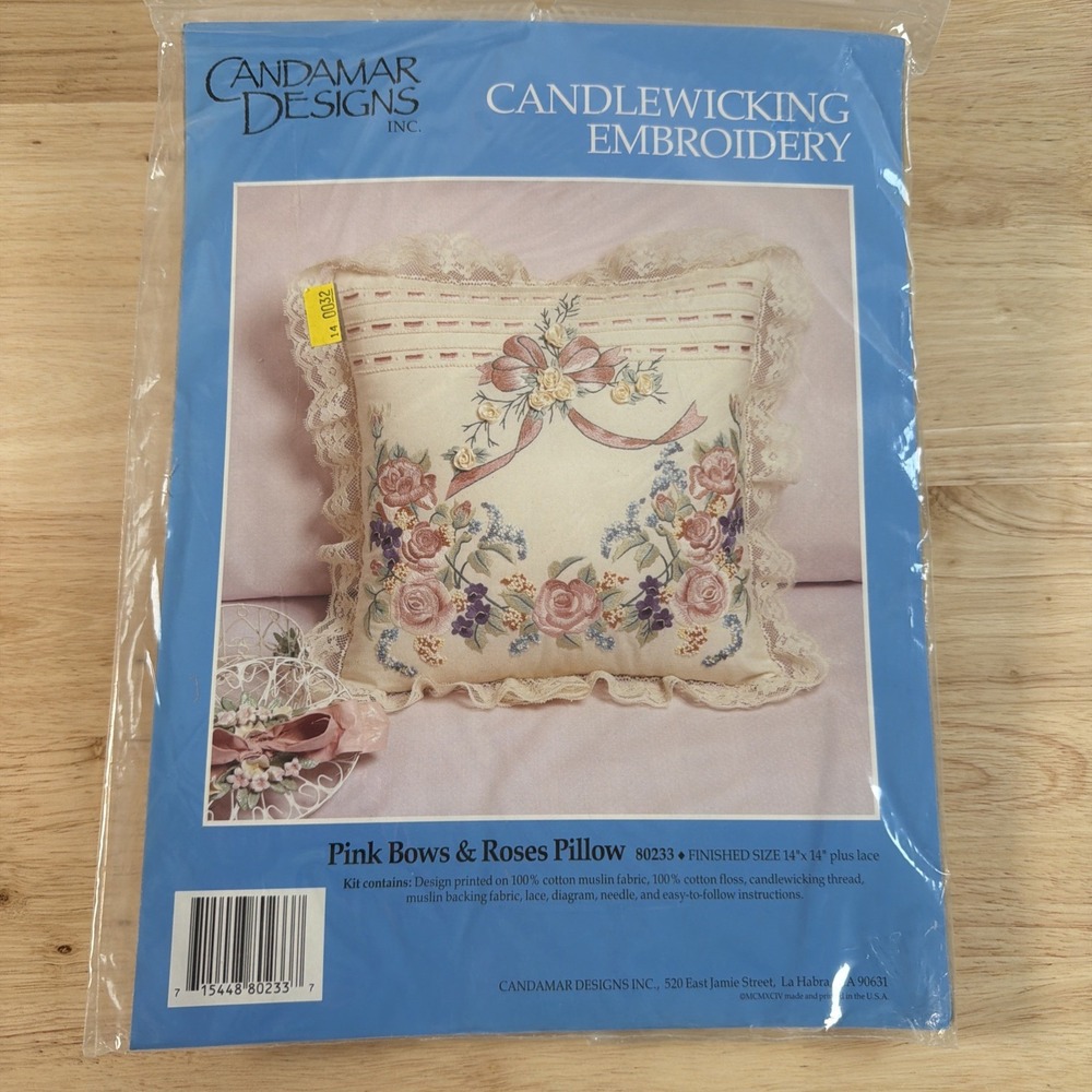 Candamar Designs Candlewick Embroidery Kit Pink Bows & Roses Pillow Cottagecore
